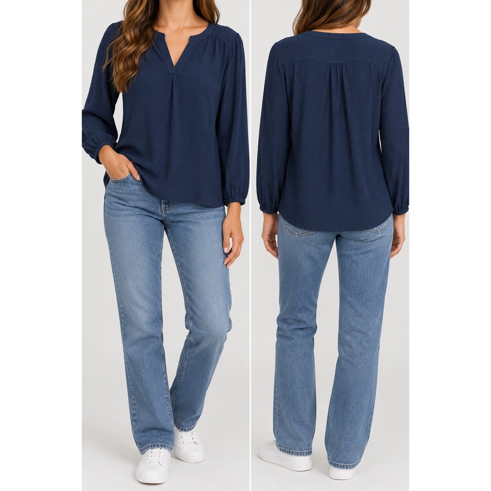 Weatherproof Vintage Navy Blue Dobby Split Neck Blouse XXL Long Sleeve Top